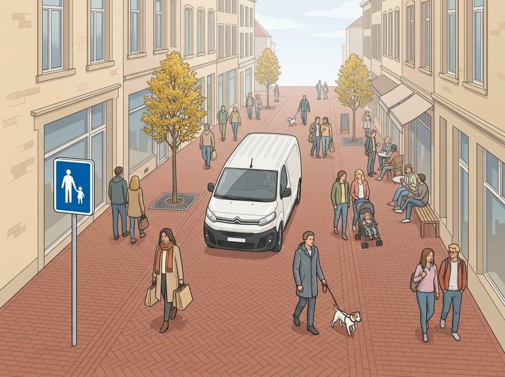 Voetgangerszone: stapvoets rijden, voetgangers eerst.