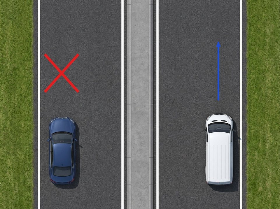 Hat eine Straße zwei deutlich voneinander getrennte Fahrbahnen, dürfen Fahrer nicht die in ihrer Fahrtrichtung links gelegene Fahrbahn benutzen. Der weiße Kastenwagen fährt korrekt auf der rechten Fahrbahn, die dunkelblaue Limousine dagegen darf dort nicht fahren.