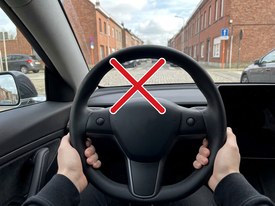 Fout: beide handen laag op het stuur, op 4 en 8 uur. Houd het stuur altijd op 'tien voor twee' of 'kwart voor drie' met licht gebogen armen.