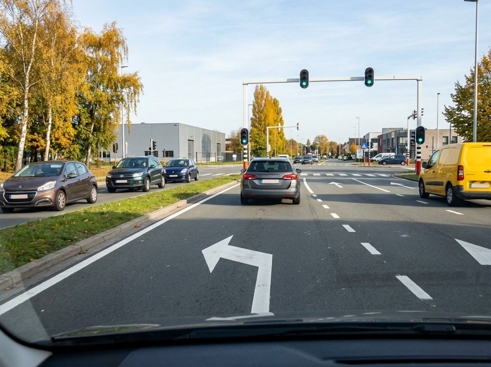 Der Pfeil auf der Fahrbahn zeigt die Richtung, der Sie an der Kreuzung folgen müssen: Wer sich auf diesem Fahrstreifen befindet, muss links abbiegen.