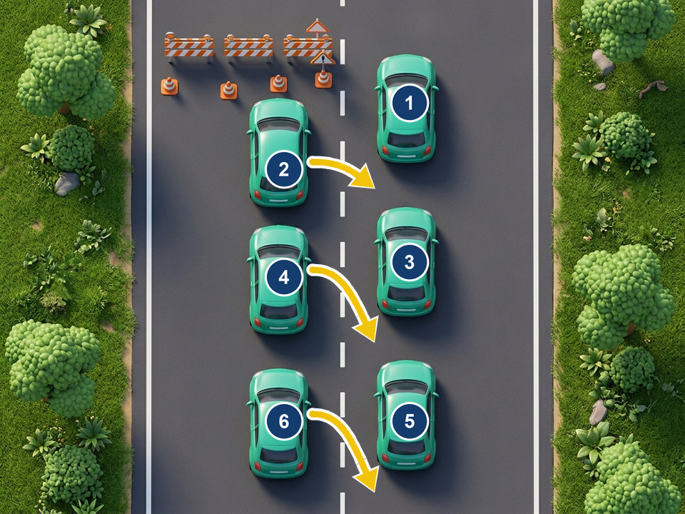 Wanneer een rijstrook is afgesloten en het verkeer traag rijdt, voegen auto's samen als een ritssluiting, om beurt één van elke kant: 1, 2, 3 enzovoort tot 6. De gele pijlen tonen de auto's van de afgesloten rijstrook die in de open plekken invoegen.