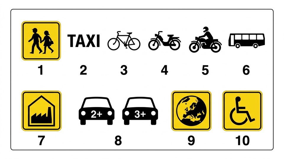 Zusatzschilder unter dem Busspur-Zeichen zeigen, wer die Spur noch benutzen darf: 1 Schülerbeförderung, 2 Taxis, 3 Fahrräder, 4 Mopeds, 5 Motorräder, 6 Busse und Reisebusse, 7 Pendlerverkehr (Wohnung–Arbeit), 8 Autos mit mindestens 2 oder 3 Personen, 9 Fahrzeuge, die nachhaltige Mobilität fördern, 10 Fahrzeuge zur Beförderung behinderter Personen.