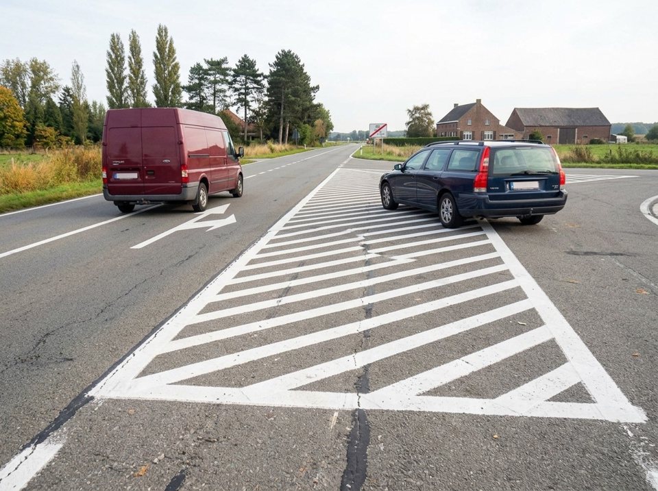 Ein dunkelblauer Kombi steht auf einer Sperrfläche mit schrägen weißen Linien. Auf einer Sperrfläche ist Fahren, Halten und Parken verboten.