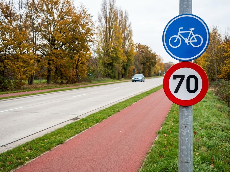 The round blue sign indicates a path reserved for cyclists and class A mopeds. Here, the cycle path is paved in red alongside the carriageway.