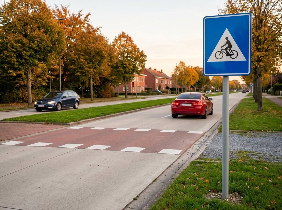The blue traffic sign is placed next to a crossing for cyclists and two-wheeled mopeds.