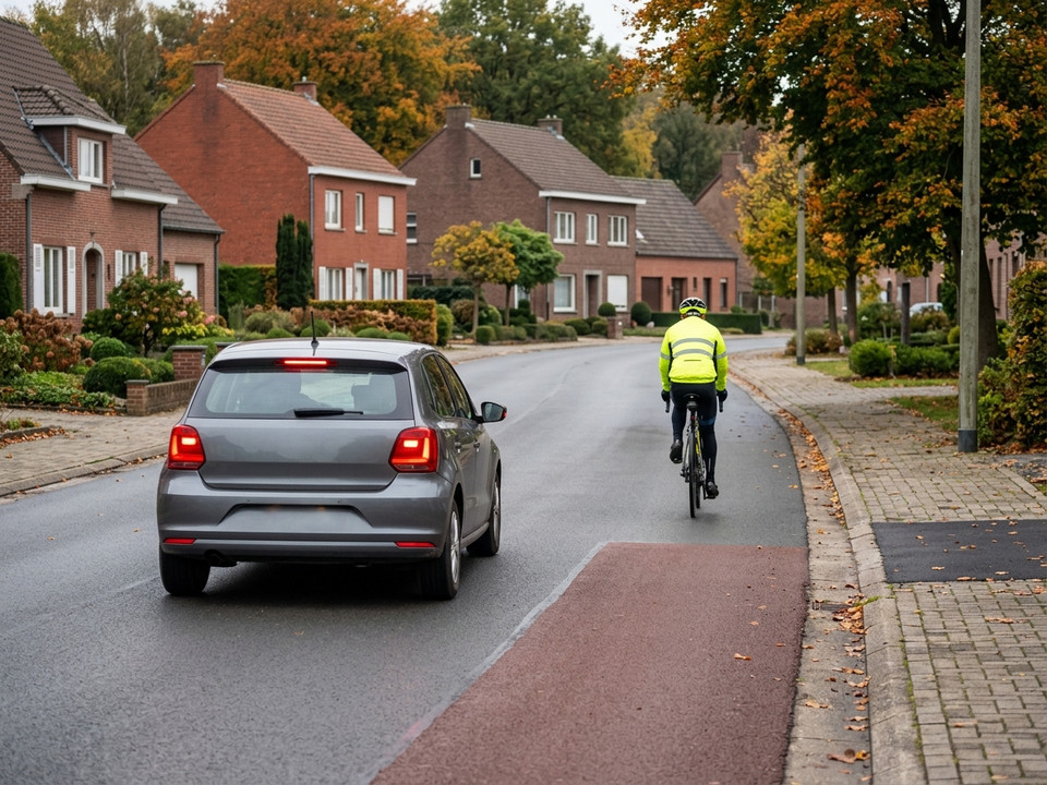 When a cycle lane ends and the cyclist rides onto the carriageway, the cyclist has priority and the car behind must give way. Stopping or parking is forbidden within five metres before and after the end of the cycle lane.