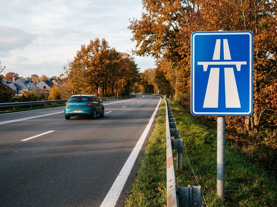 This blue sign marks the beginning of a motorway. From this point on, motorway rules apply, and slow vehicles like mopeds and agricultural vehicles are strictly forbidden.