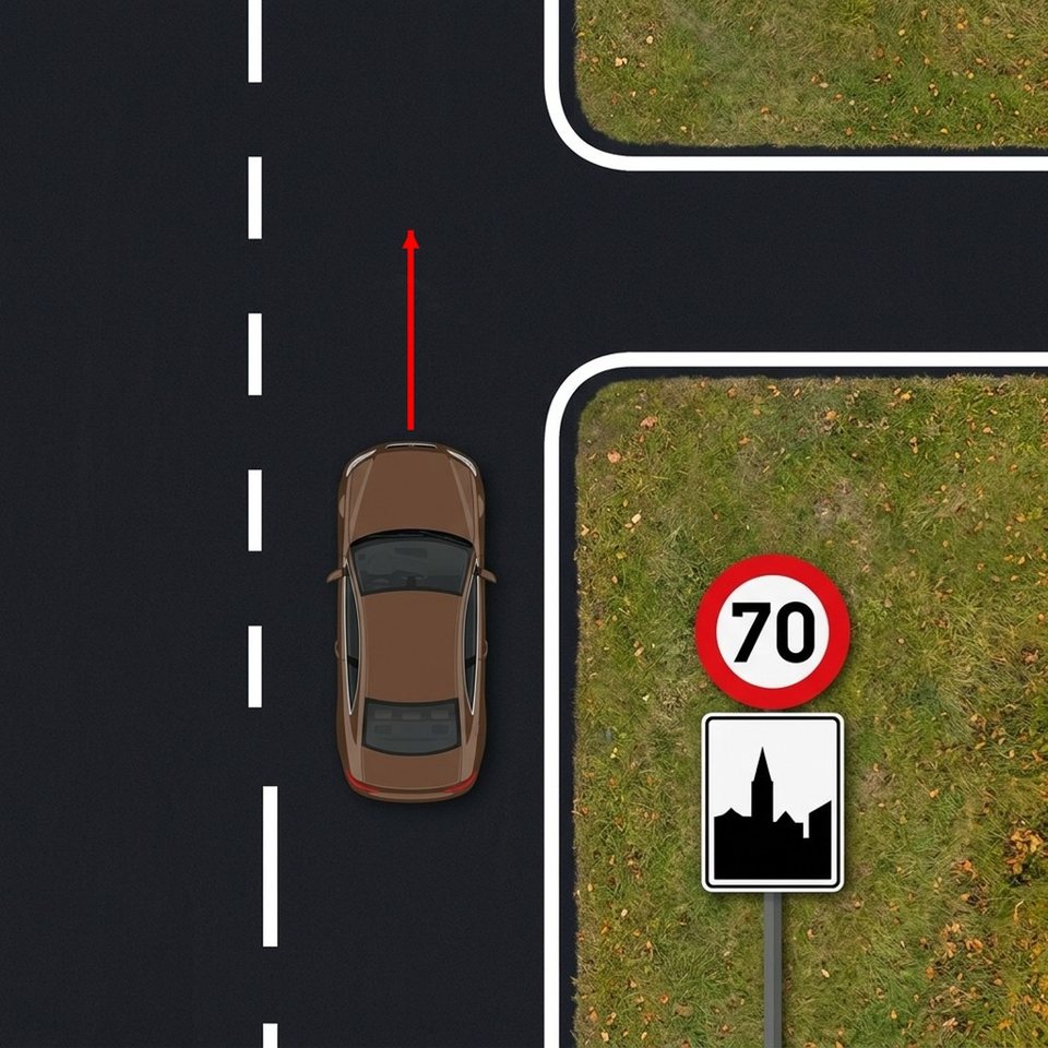 Hangt er een bord 70 km/u boven het bord 'begin bebouwde kom', dan mag de bruine wagen maximaal 70 km/u rijden tot aan het volgende kruispunt.