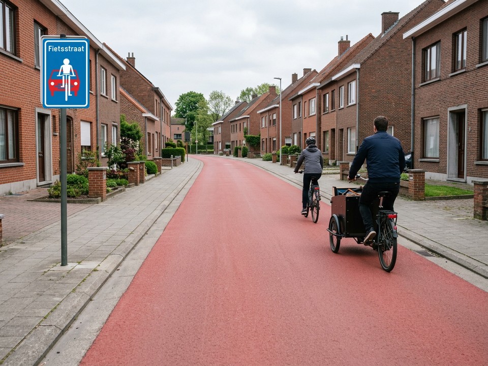 In this bicycle street, marked with the blue sign, motor vehicles are treated as guests: they may not overtake the cyclists and their speed is capped at 30 km/h.