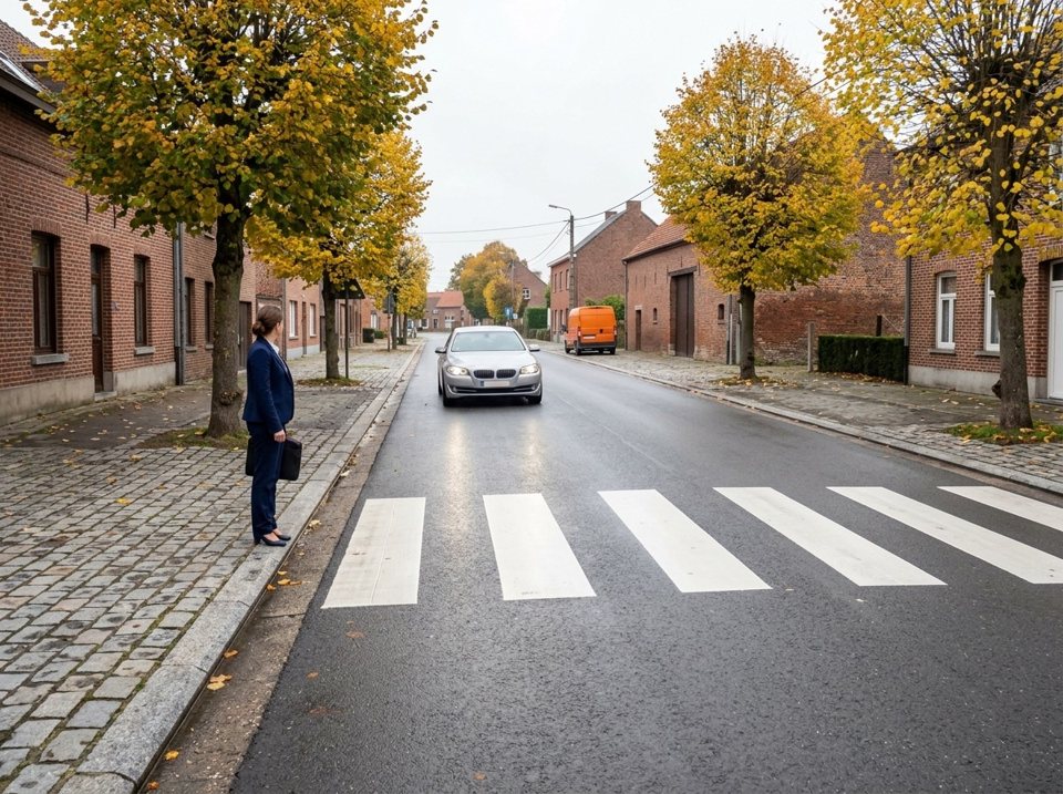 De naderende zilverkleurige sedan moet vertragen en voorrang verlenen aan de voetganger die aan de rand van het zebrapad wacht en wil oversteken.