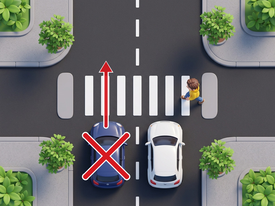 Je mag links een bestuurder die vertraagt of stopt voor een zebrapad niet inhalen. Wat de bestuurder van de blauwe auto doet, de stilstaande witte auto voorbijsteken, is strikt verboden.