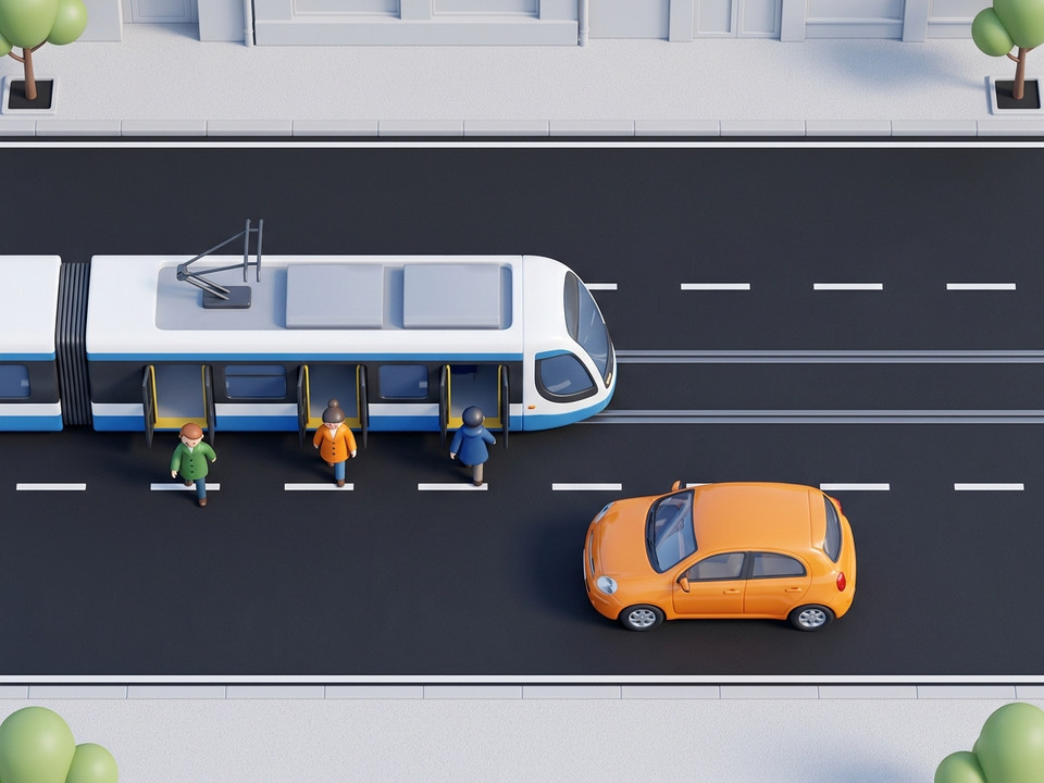 De tram stopt op de rijbaan zonder vluchtheuvel. Daarom moet de oranje wagen stoppen, zodat de reizigers veilig de rijbaan kunnen oversteken.