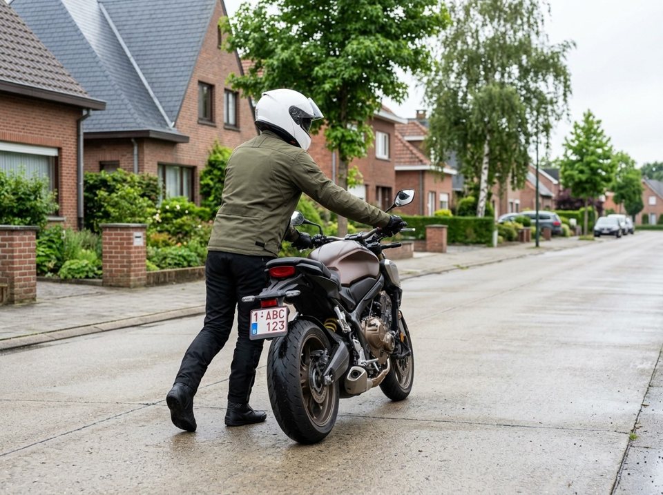 Wie een motorfiets duwt, is volgens de wet bestuurder. Hij moet op de rijbaan lopen, een geldig rijbewijs hebben en een valhelm dragen.