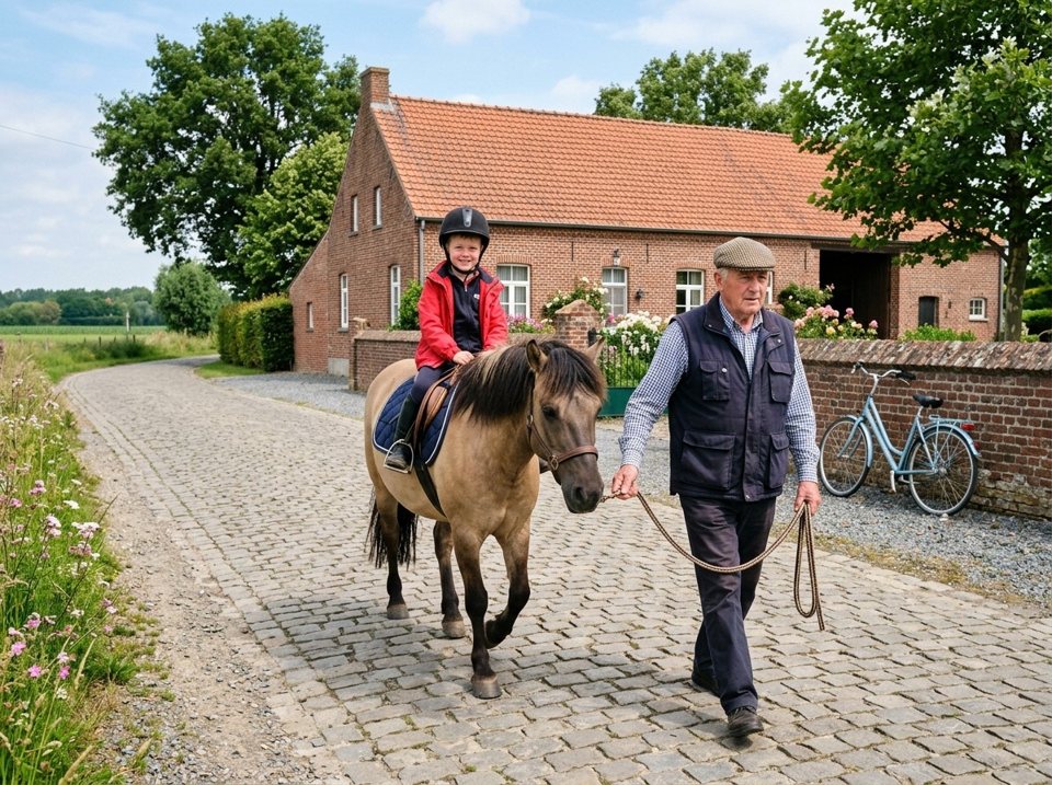 Wie trekdieren, vee of paarden op de openbare weg begeleidt, is ook bestuurder. Deze man die een jonge ruiter begeleidt, is dus bestuurder.