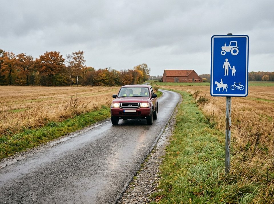 Sur un chemin indiqué par ce signal bleu, réservé aux véhicules agricoles, aux piétons, aux cyclistes et aux cavaliers, tout conducteur autorisé peut rouler à 30 km/h au maximum.