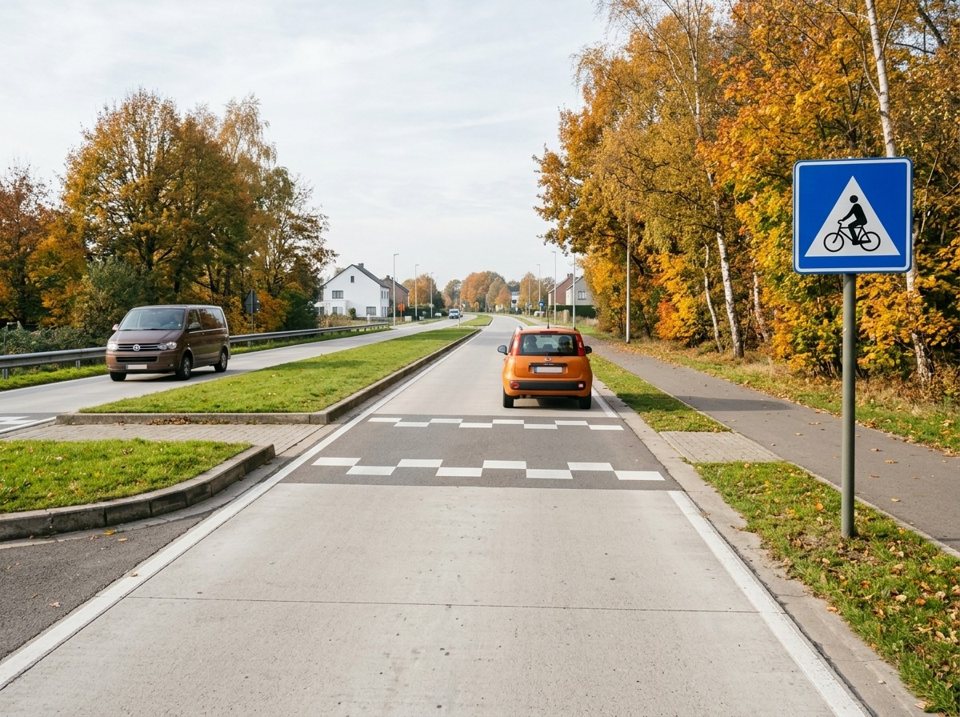 U mag de oranje auto niet links inhalen, want hij nadert een oversteekplaats voor fietsers.