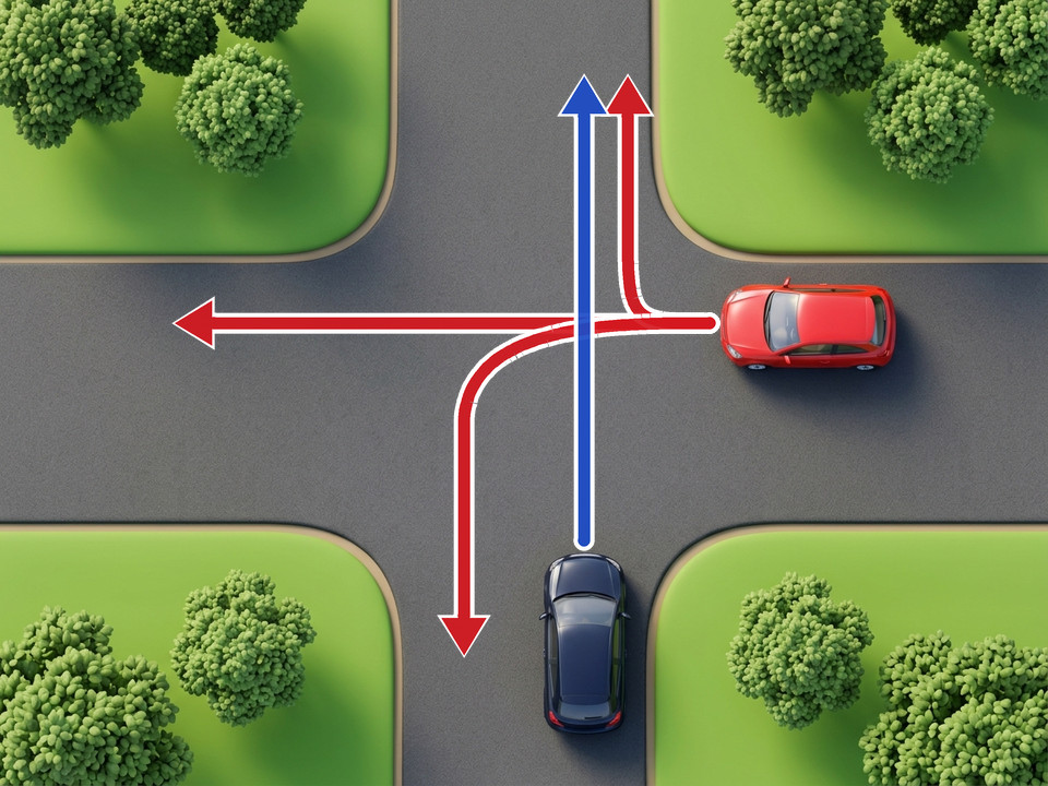 De felrode auto die van rechts komt, heeft voorrang op dit kruispunt, of hij nu rechtdoor rijdt, links afslaat of rechts afslaat. De donkerblauwe auto moet voorrang verlenen.