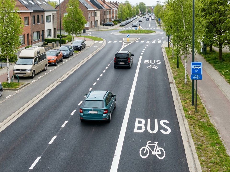 Normale Fahrzeuge, wie das petrolfarbene Auto, dürfen auf dem rechten Busfahrstreifen weder fahren noch halten oder parken. Nur auf den letzten Metern vor einer Kreuzung dürfen sie ihn befahren, um sich zum Abbiegen einzuordnen.