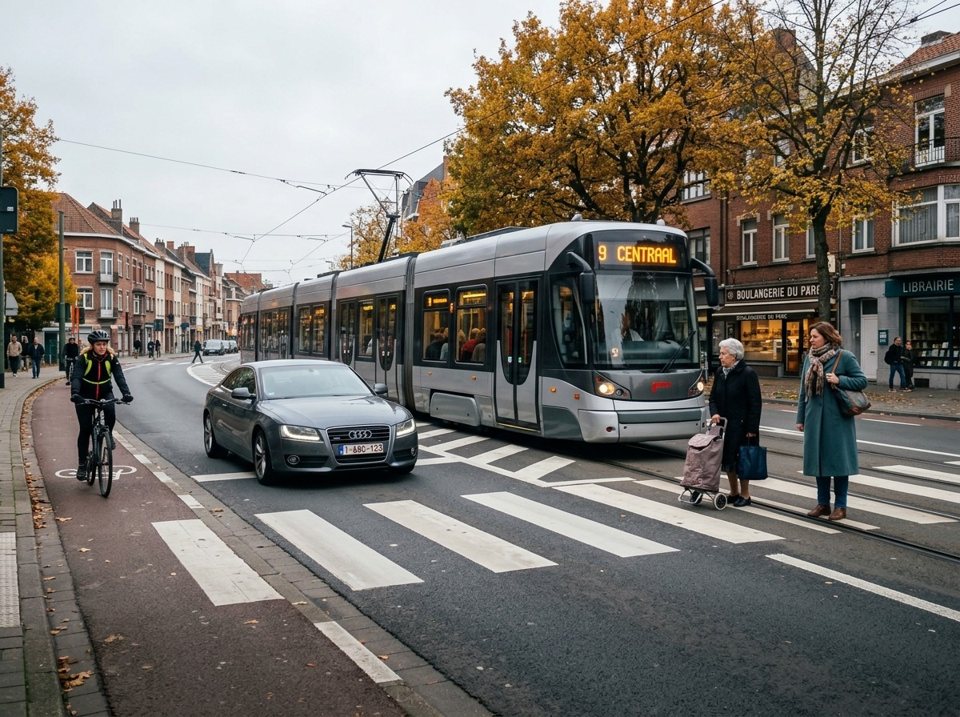 De voetgangers die aan een oversteekplaats voor voetgangers wachten, moeten de naderende zilverkleurige tram laten voorgaan. De tram heeft altijd voorrang, ook op voetgangers op een oversteekplaats.
