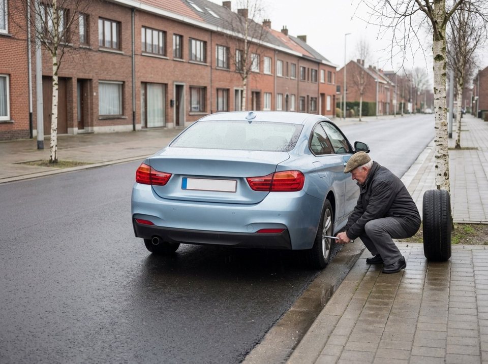 The car has a flat tyre but stands where it may park, so no warning triangle is needed.