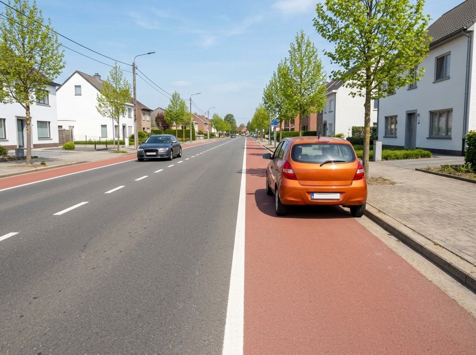 You are not allowed to be stationary or park on a cycle lane. The orange car is parked on the cycle lane, which is not allowed.