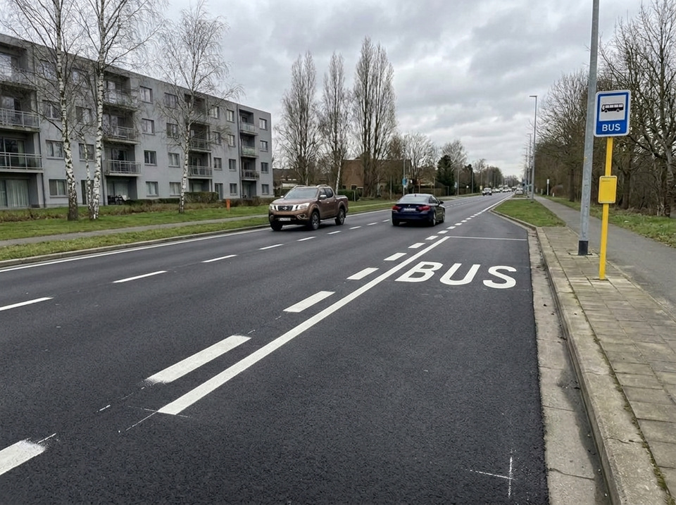 The bus-stop zone is marked with the white letters BUS. You may not park on it; you may drive over it.